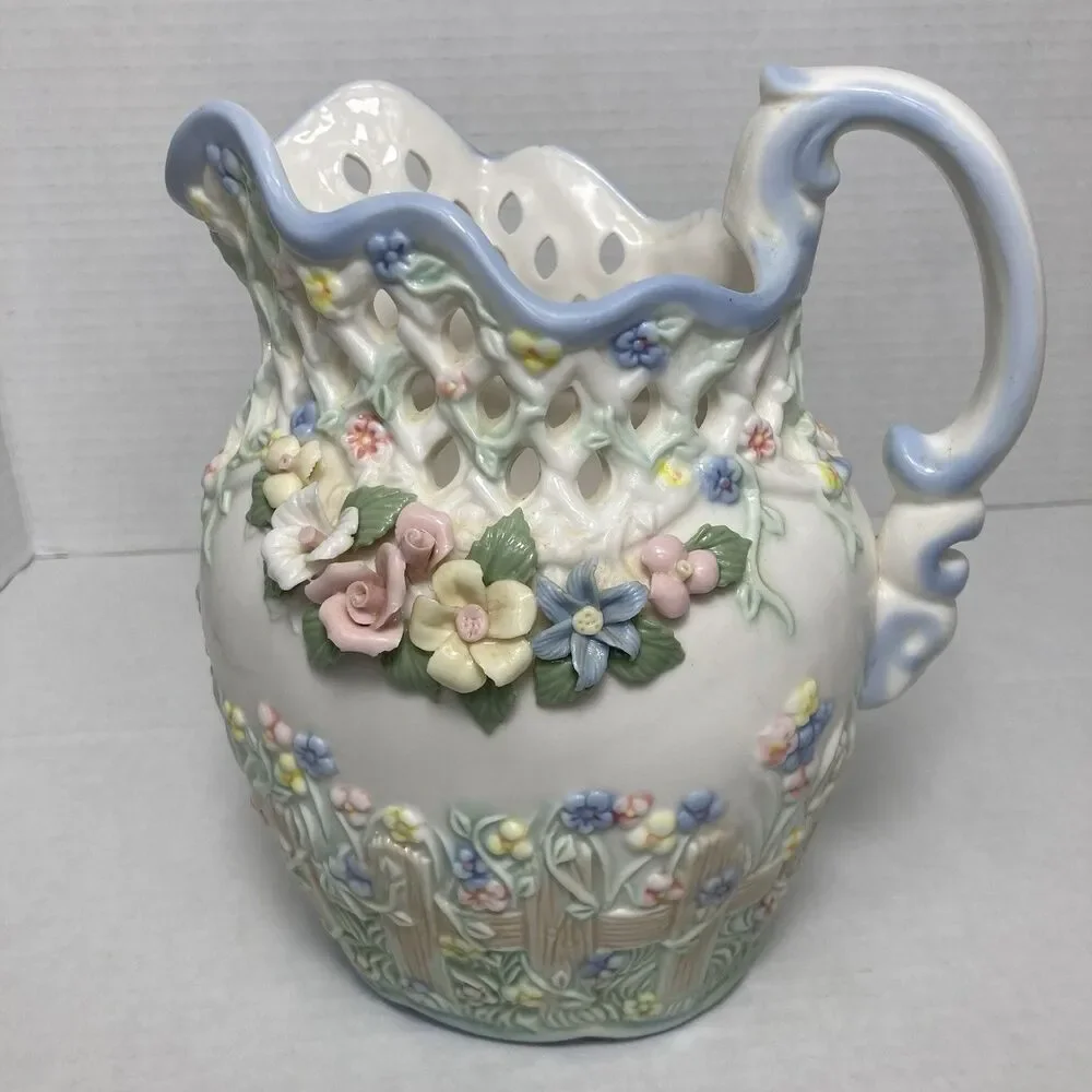 VTG Capodimonte Majolica Style Floral Porcelain Pitcher Spring Centerpiece